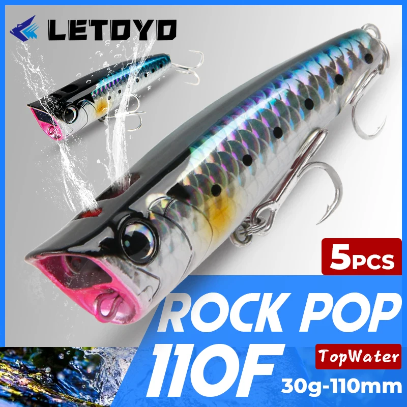 

LETOYO 5pcs 30g 110mm Topwater Popper Artificial Hard Baits floating Rock pop for Perch Bass Pike Fishing Lure