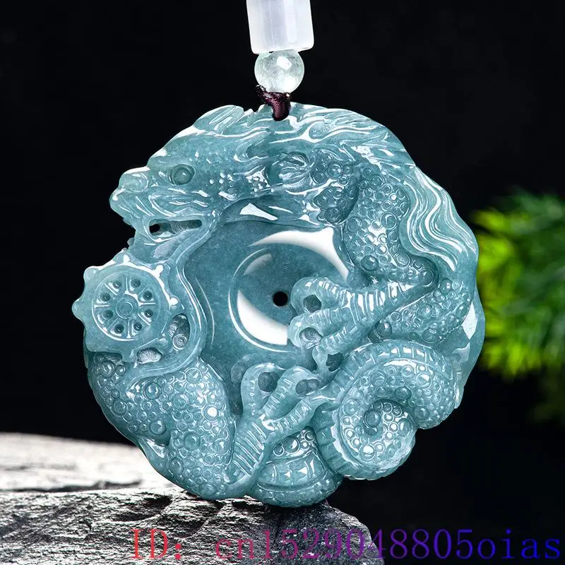 Blue Myanmar Jadeite Dragon Pendant Necklace Fashion Designer Real Jewelry Man Vintage Carved Gift Amulet Natural Burmese Jade