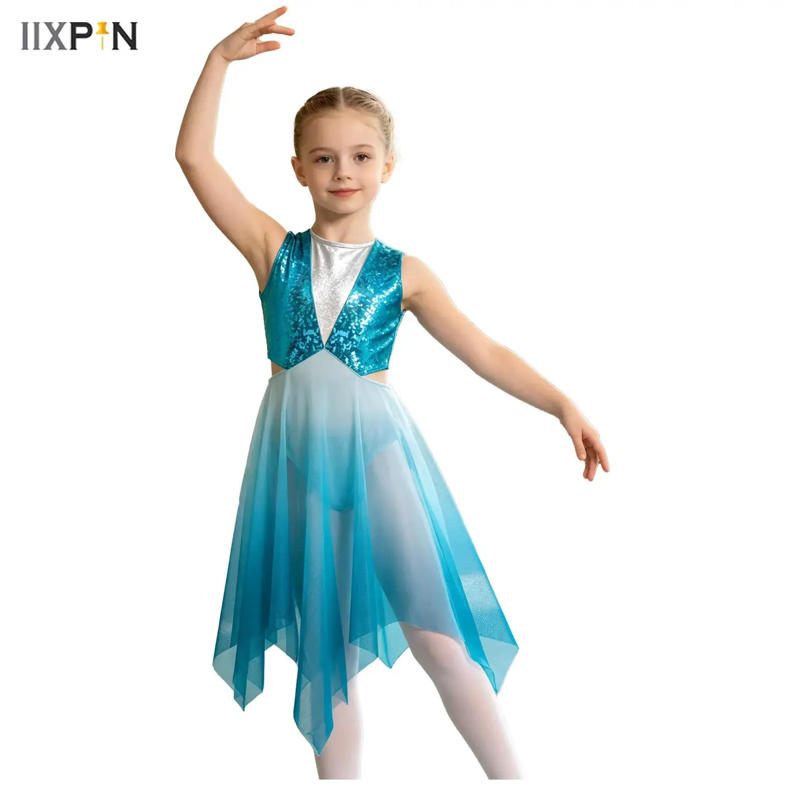 Kids Girls Lyrical Dance Dress Sleeveless Cutout Waist Keyhole Back Metallic Bodice Gradient Color Asymmetrical Mesh Hem Dress