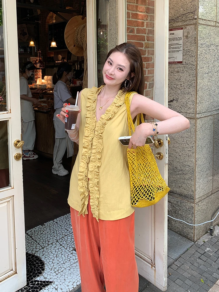 

Желтая льняная женская летняя новая майка-топ с V-образным вырезом, свободного кроя, для повседневной носки, верхняя одежда