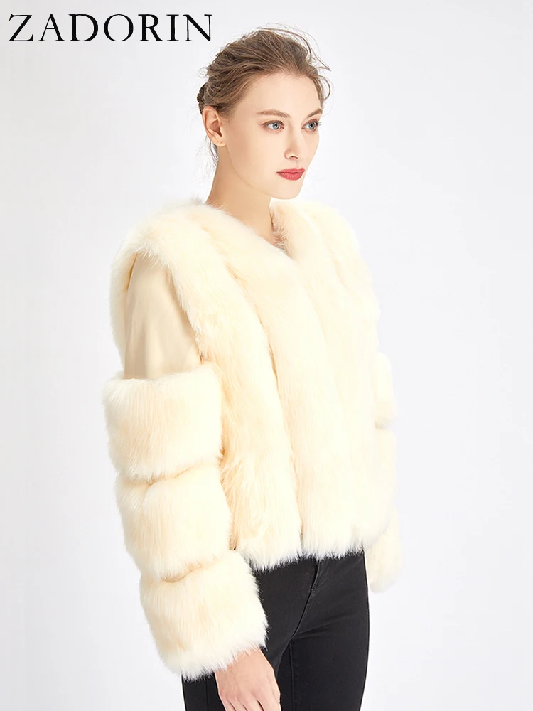 ZADORIN Europe Fashion Fur Jackets for Women Elegant Fluffy Black Faux Fox Fur Coat Women Splicing Faux Fur Jacket Winter Coats