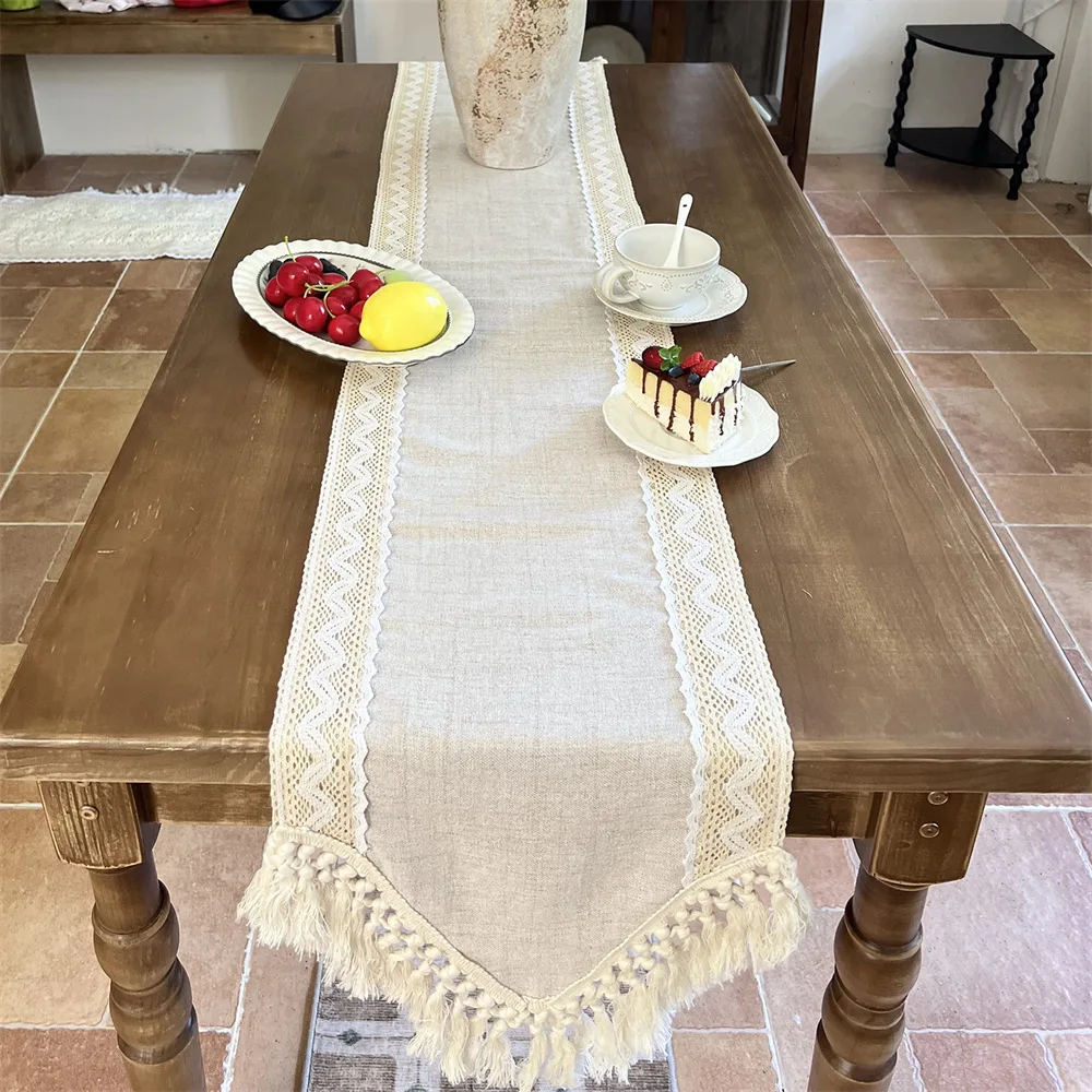 Versatile Table Runner Crochet Macrame Lace Tassels Beige Farmhouse Table Cloth for Dining Room Wedding Handmade Table Decor
