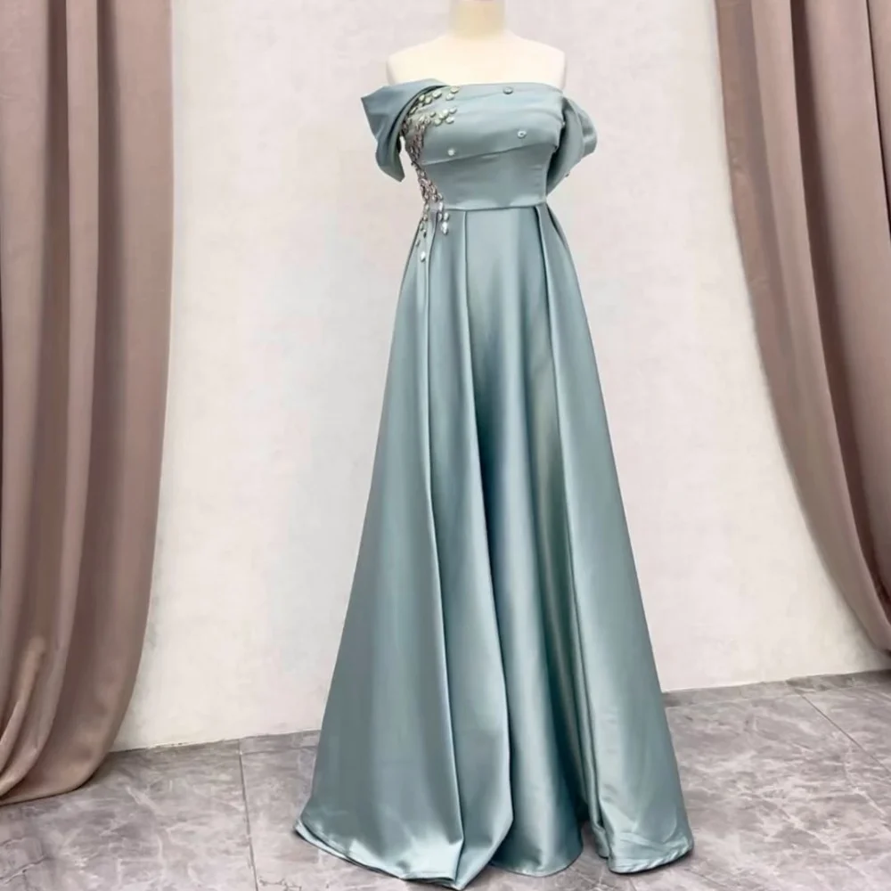 

Jiayigong Evening Satin Draped Pleat Beading Cocktail Party A-line Off-the-shoulder Bespoke Occasion Gown