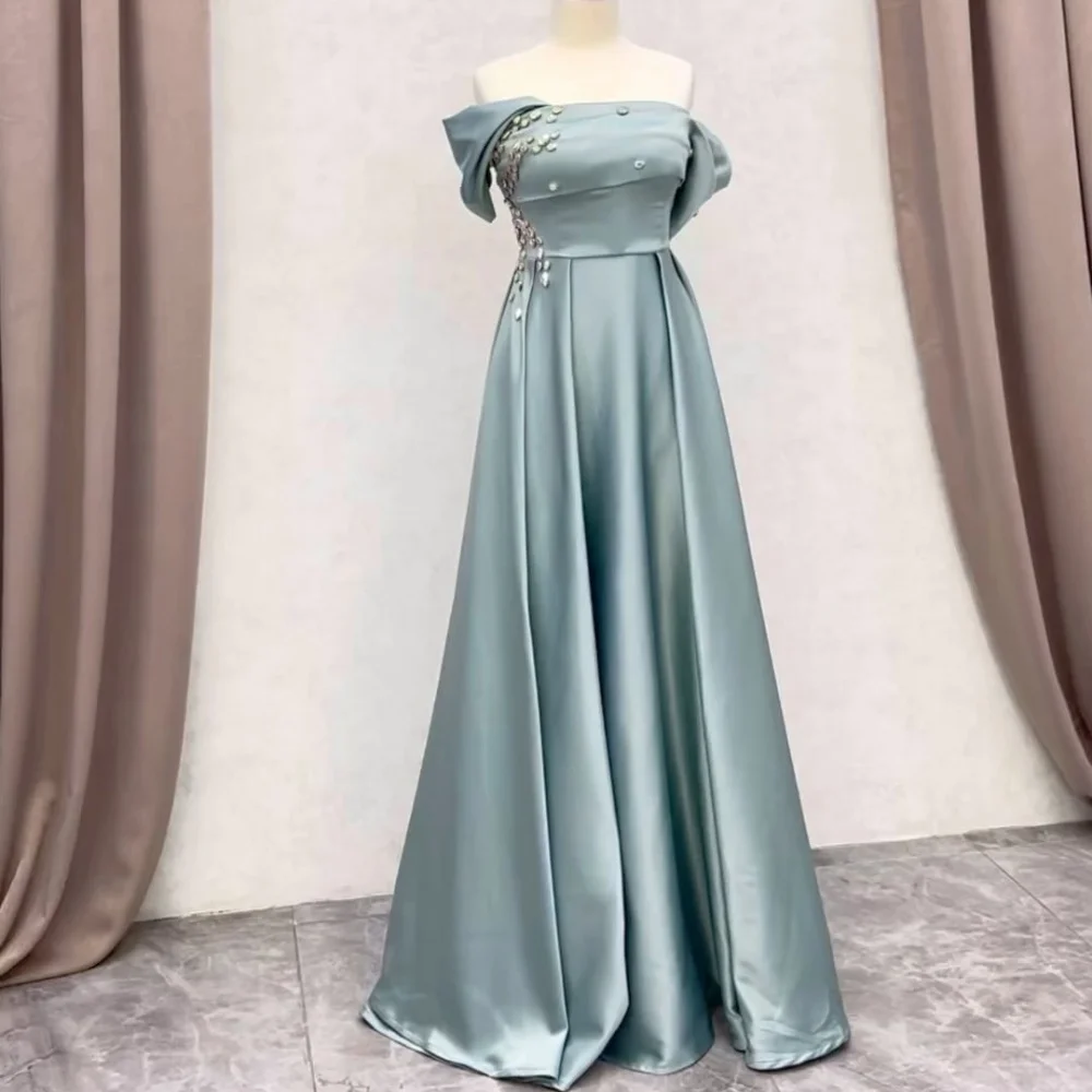 

Customized Evening Satin Draped Pleat Beading Cocktail Party A-line Off-the-shoulder Bespoke Occasion Gown