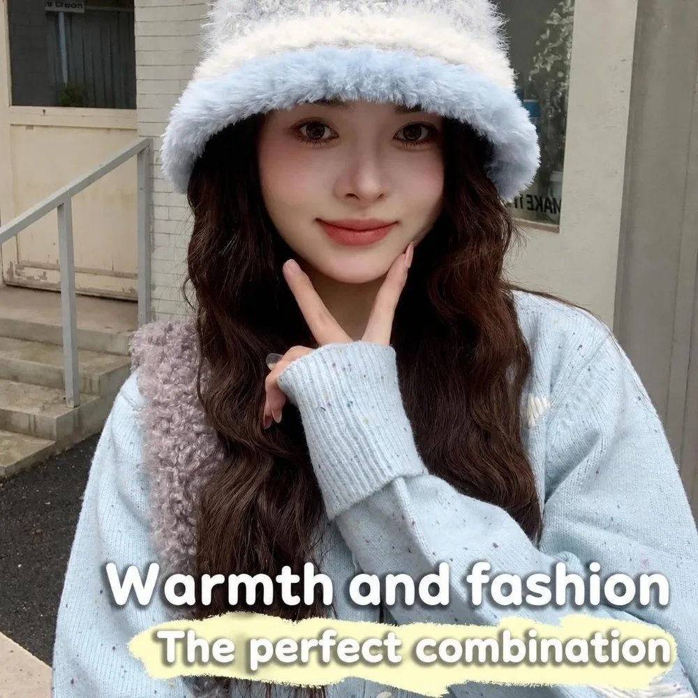 Polyester Fuzzy Fleece Bucket Hat 55cm To 59cm Head Circumference Face Slimming Warm Winter Fisherman Hat Striped Fleece Hat