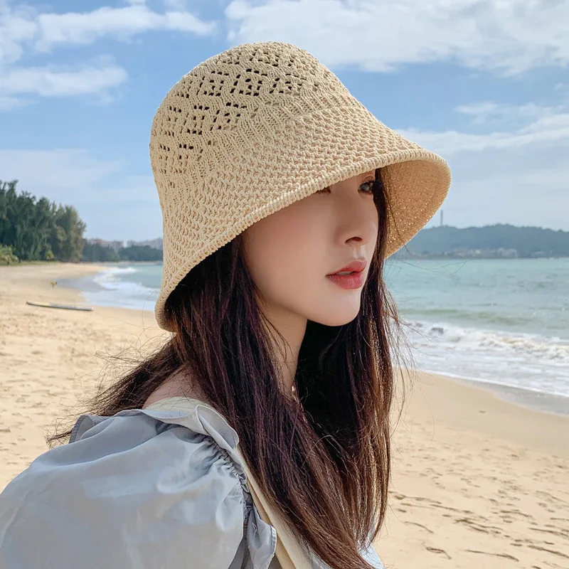 2023New Hollow out breathable ice hemp knitted Bucket Hat female ins fashion fisherman basin Cap Beach Hat Summer Hats For Women