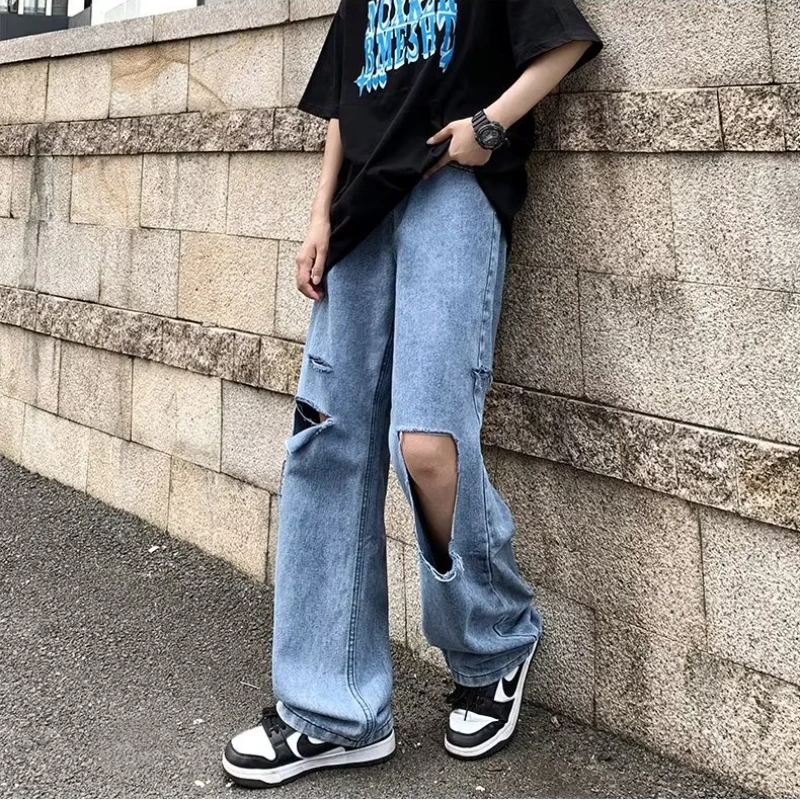 Ripped Jeans Men Summer New Retro Japanese High Street Hip-hop Loose Straight Leg Full Length Casual Versatile Denim Pants Male