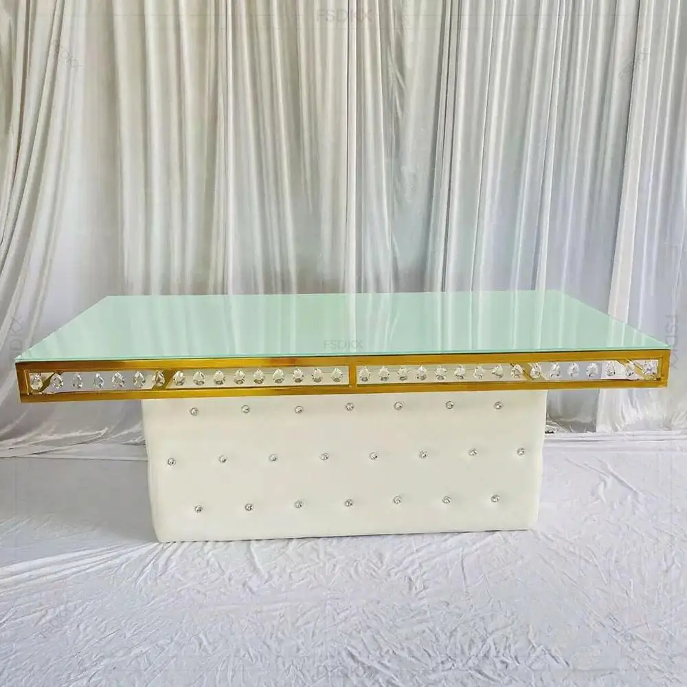 

FSDKX Hot Sale Luxury Style Rectangle Glass Top Stainless Steel Metal Dining Event Banquet Table for Sale