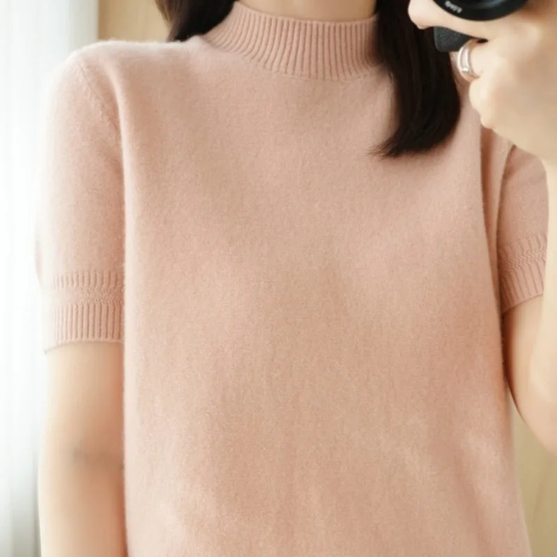 Half-high-neck Short-sleeved Sweater Women Spring Autumn Winter Pullover Top Half-sleeved Knitted Sweater　Short Base Layer Shirt