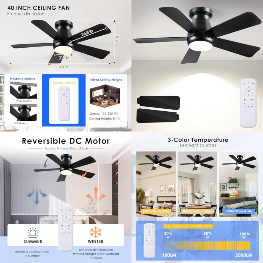 

Ceiling Fan with Light and Remote, Low Profile Flush Mount Ceiling Fans, Quiet Reversible Motor, 3-Color Dimmable LED, Modern I