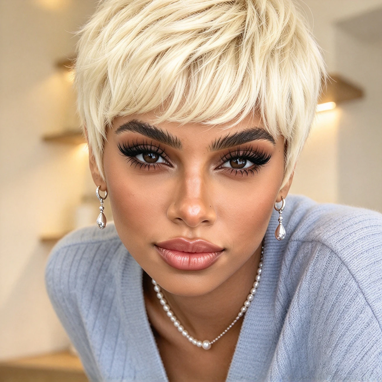 613 Blonde Short Pixie Cut Straight Human Hair Wig with Bangs for Women, Full Machine Made Wig, Halloween Costume Cosplay Wig, Natural Look for Daily