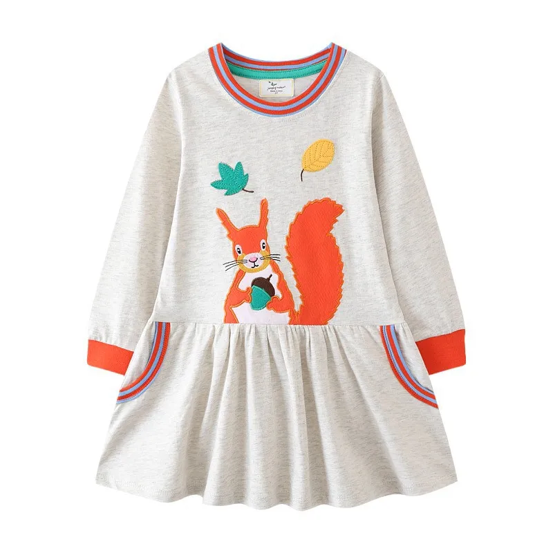 Jumping Meters New Arrival Squirrel Applique Autumn Children\'s Girls Dresses Long Sleeve Princess Birthday Gift Hot Selling Tops