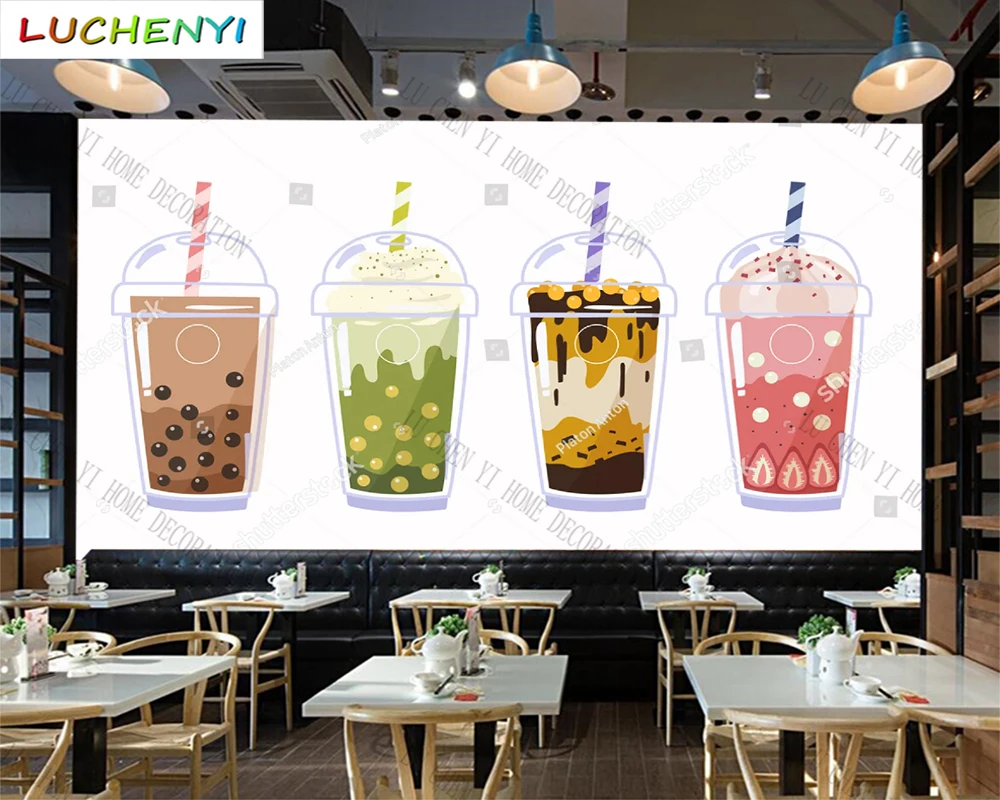 Custom colorful bubble tea boba wall mural wallpaper restaurant cold drinking shop dining room wall papers home decor sticker