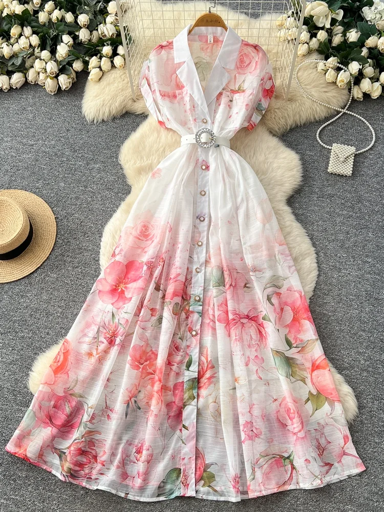 Rustic Print Sleeveless High Waist Slim A-Line Long Dress Korean Style Summer Commute Dress Women's Fashionable Skirt
