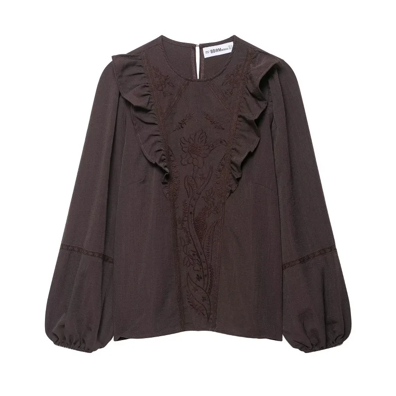 ZEMOREXMZ Elegante Bluse Top Mode Blume Stickerei Blusen Für Frau Rüschen Langarm frauen Bluse Neue Solide Shirts