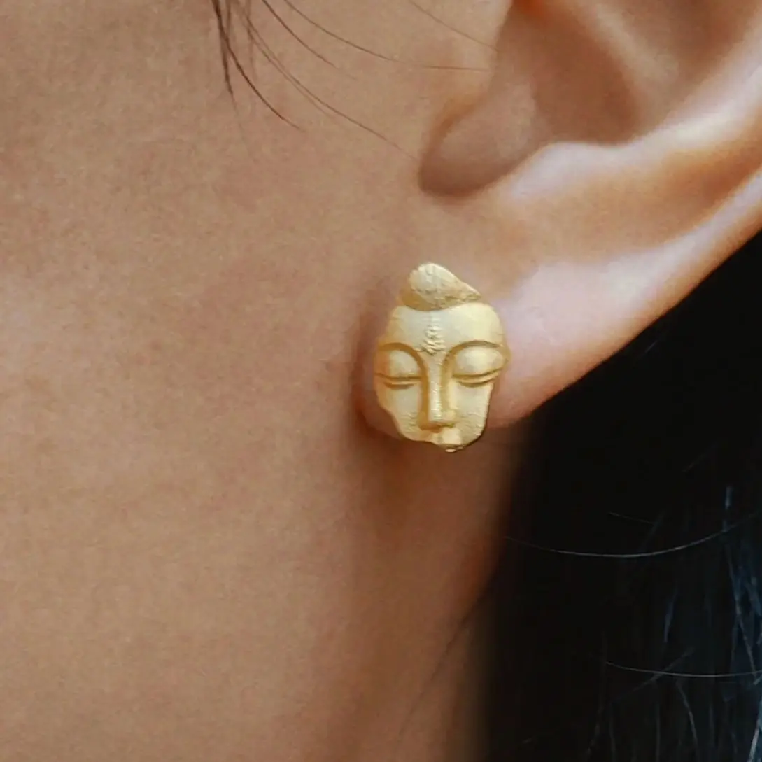 New Chinese Style Matte Gold Color Broken Buddha Face Earrings UNISEX Guardian Deity Buddhist Earring