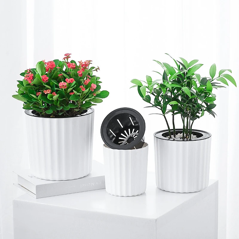 1PC Nordic Simple Ins Flowerpots White Round Self-Absorbent Lazy Pot Thickened Resin Durable Drop-Resistant Breathable