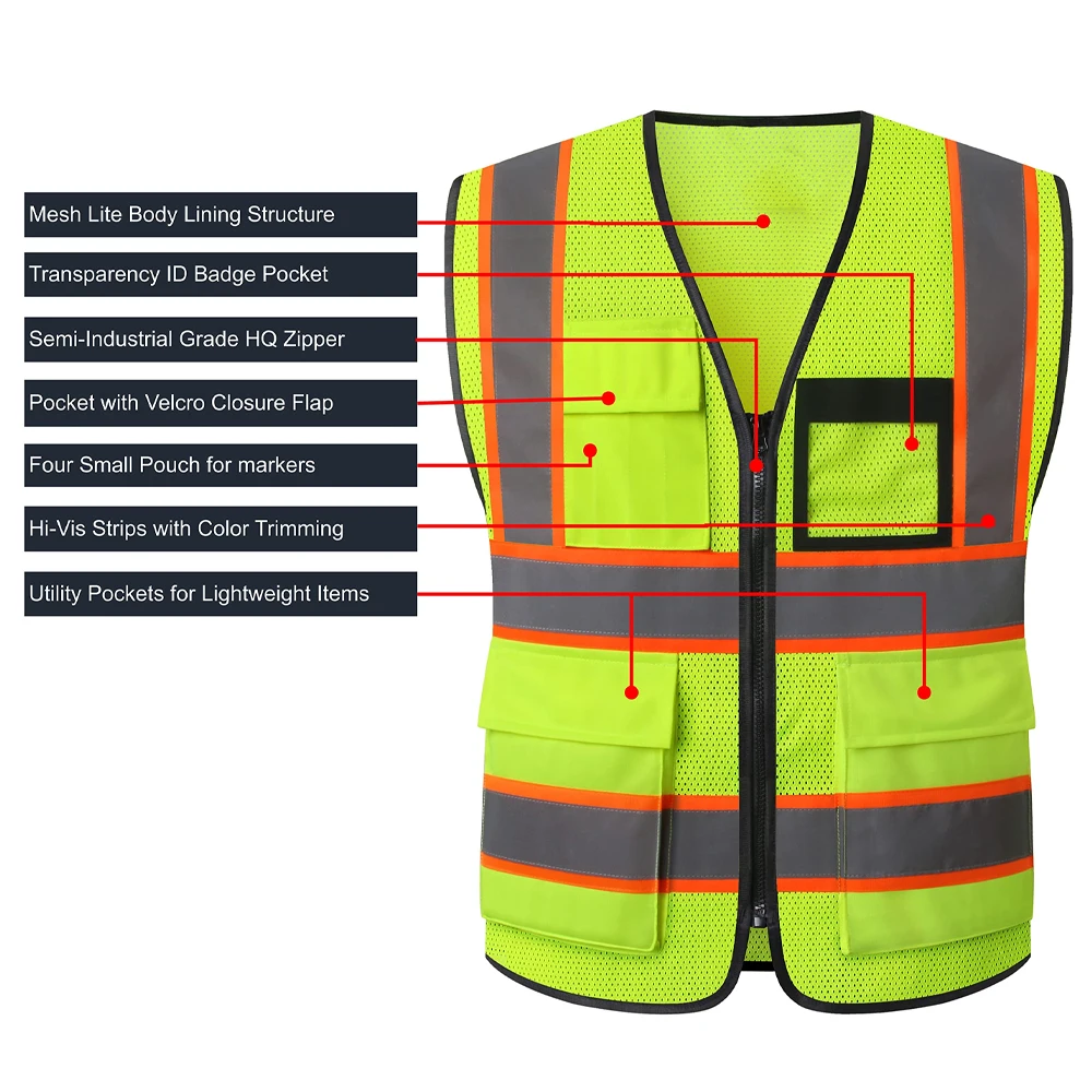 Summer Mesh Fluorescent Work Vest for Men Women Construction Site Breathable Workwear Working Clothes with Pockets Zipper Front