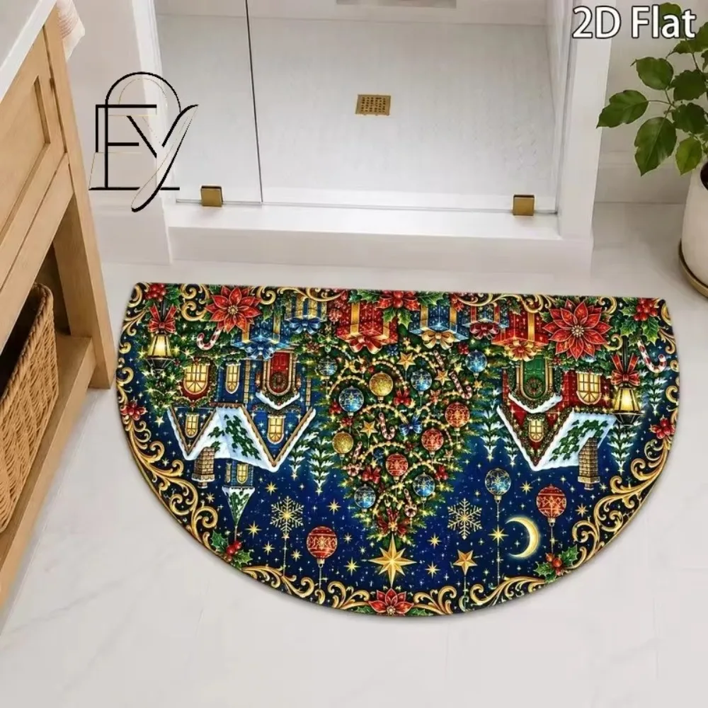 Non Slip Door Mat Pebble Mosaic Concentric Circle Print in Brown Beige Felt Semicircular Rug for Hallway
