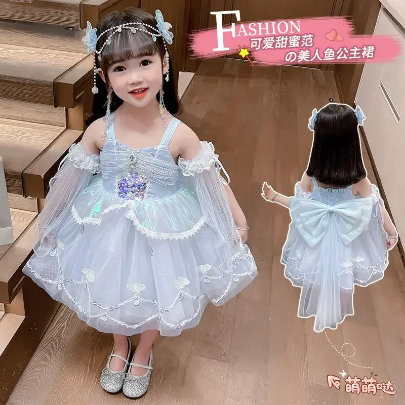 Summer Backless Lolita Ball Gown Dress Girls Kids Sets Princess Shiny Skirts Birthday Party Childrens Gauze Clothing Sundress