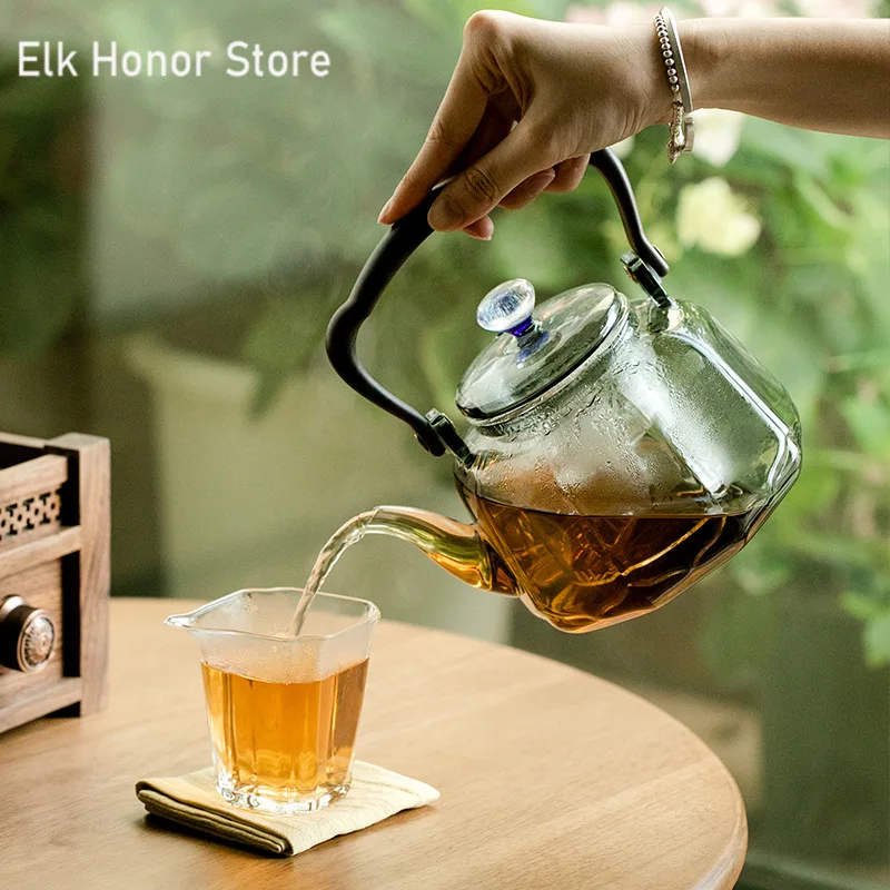 

High Boron Silicon Glass Teapot Chinese Tea Ceremony Transparent Smoky Grey Teawear Set Cup Filter Walnut Handle Tea Kettle Gift