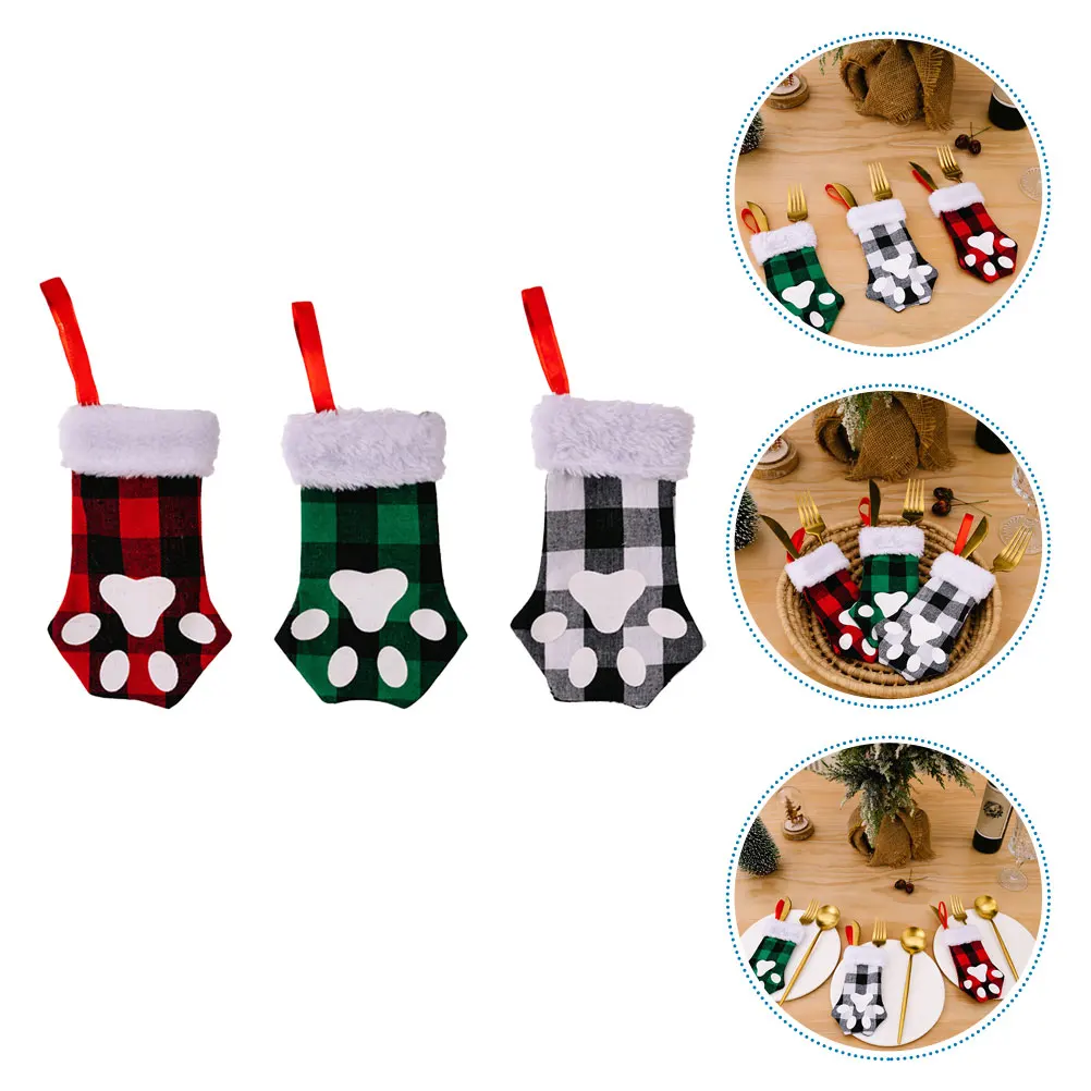 

3 Pcs Christmas Cat Claw Tableware Set Dining Decor Spoons and Forks Holder Stockings Festival Desktop Cutlery Cover Room