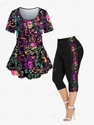 T-shirt i legginsy Capri Plus Size Matching Set conjuntos para mujeres 2-częściowe conjuntos de pantalones Skulls Glitter Printed