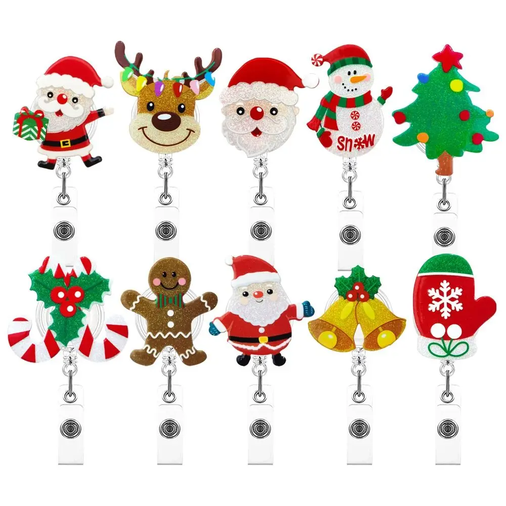 Acrylic Christmas Badge Reel Santa Claus Snowman Elk Retractable Badge Holder Xmas Decoration Gingerbread ID Card Holder
