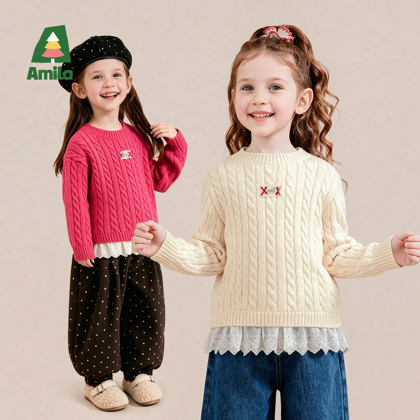 Amila 2026 Winter New Kids Cardigan Sweater Red Knitted Cardigan Vintage Warm Extra Soft Cozy Comfortable Daily Knitted Top