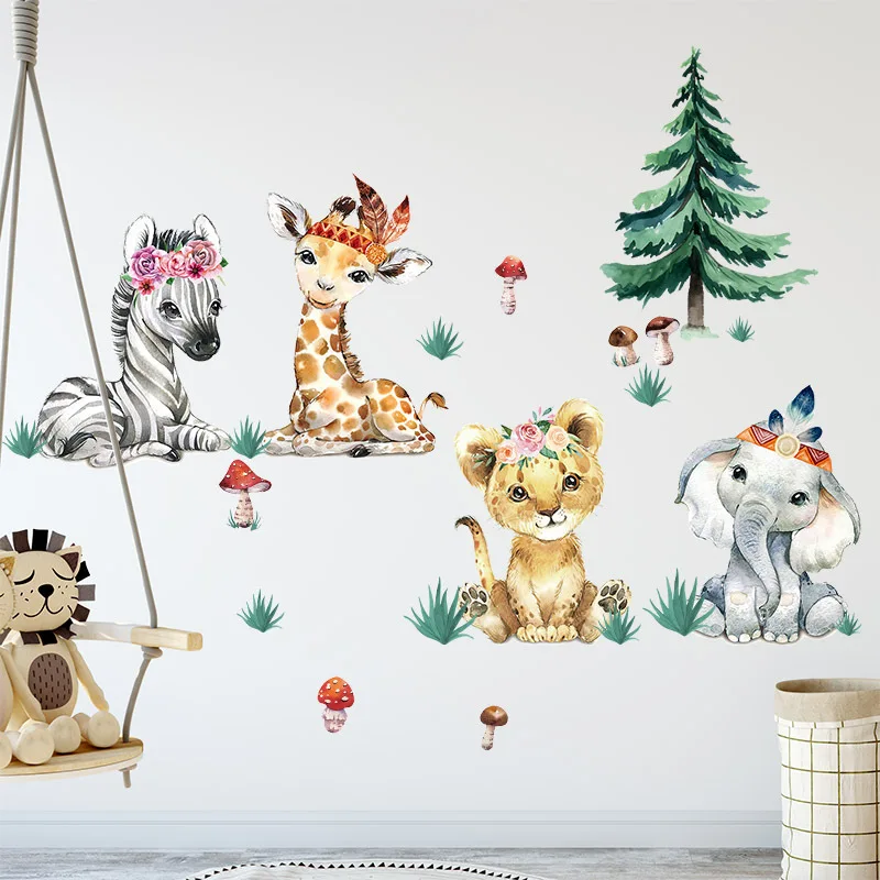 Cute Animal Wall Stickers for Kids Room Baby Room Elephant Lion Zebra Giraffe Stickers Baby Nursery Decoration Wall Decals