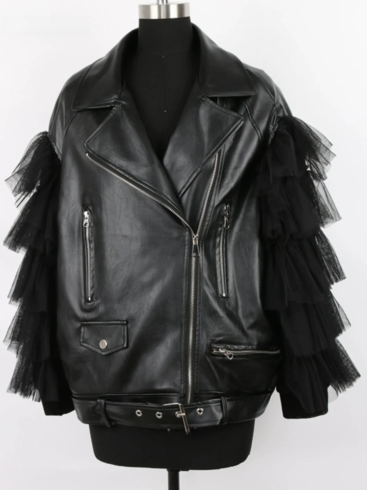 Nerazzurri Bla Lace Spliced Motorcycle Sle Loose PU Leather Jaet Women's  New Arrival Faion Commute Windbreaker