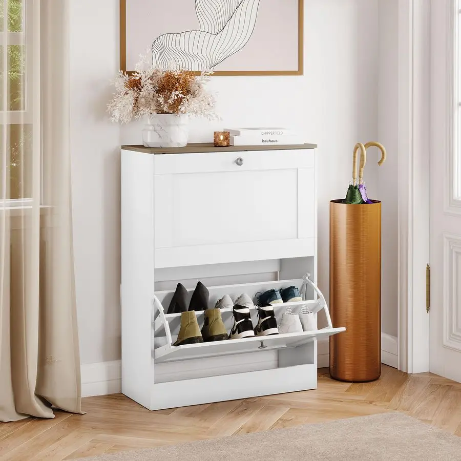 2 Drawer Shoe Cabinet White amp Oak SpaceSaving Storage for 10 Pairs 80H x 58W x 23.5D cm AntiTip Modern Hallway Unit