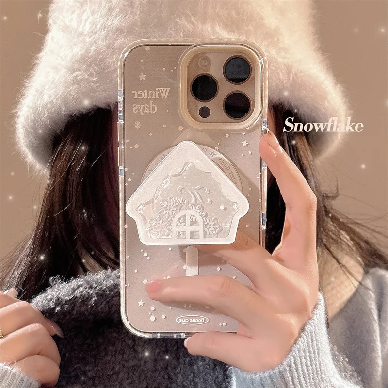 Winter Cute Starry Snow In The Sky Magsafe Wireless Charge Case For iPhone 13 12 16 15 14Pro Max Snowhouse Shake Magnetic Holder