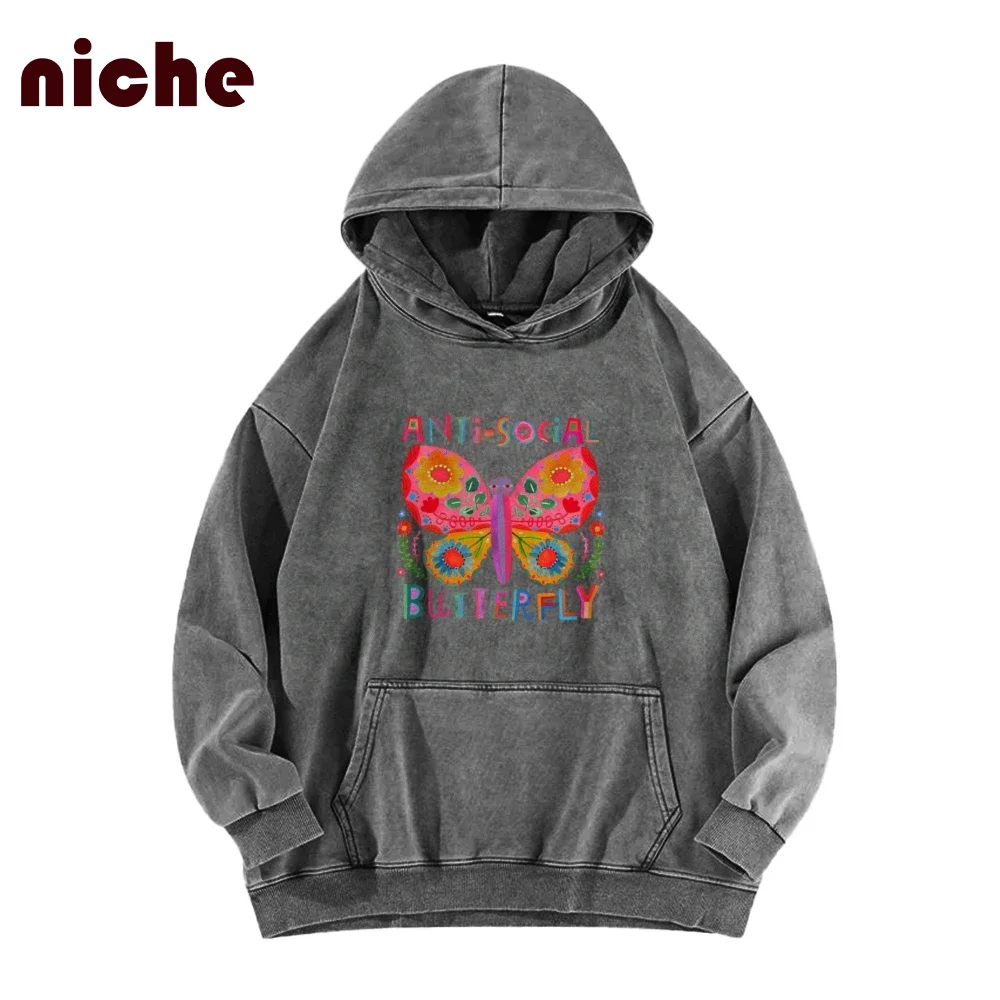 

Neutral Style Hooded Sweater Color Smudge Butterfly Graphic Printing High Quality Pure Cotton Fabric New Hoodie Sweatshirt