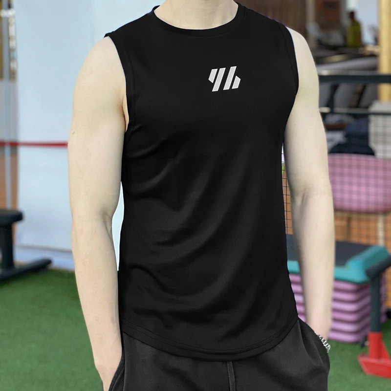 Men's Vest Summer Sports Fitness Round Neck Quick-Drying Stretch Breathable Sleeveless T-Shirt Gym Running Training Clothes Vest