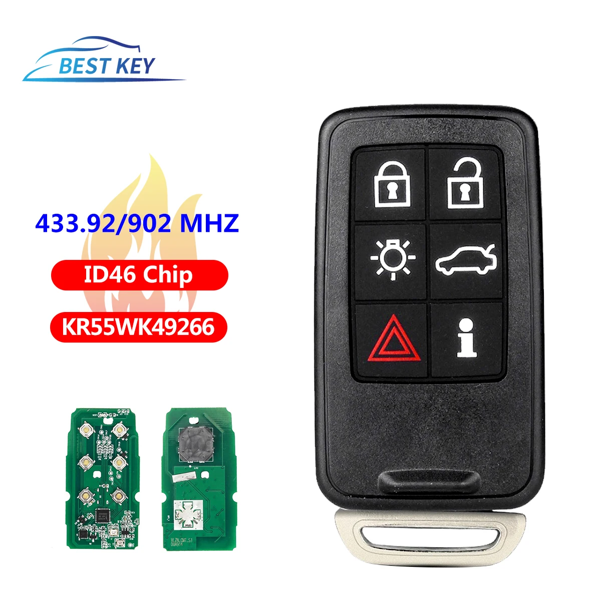 BEST KEY FCCID: KR55WK49266 433/902MHz FSK 6 Buttons ID46 Chip Smart Keyless Remote Key For VOLVO S60 S80 V40 V60 V70 XC60 XC70 