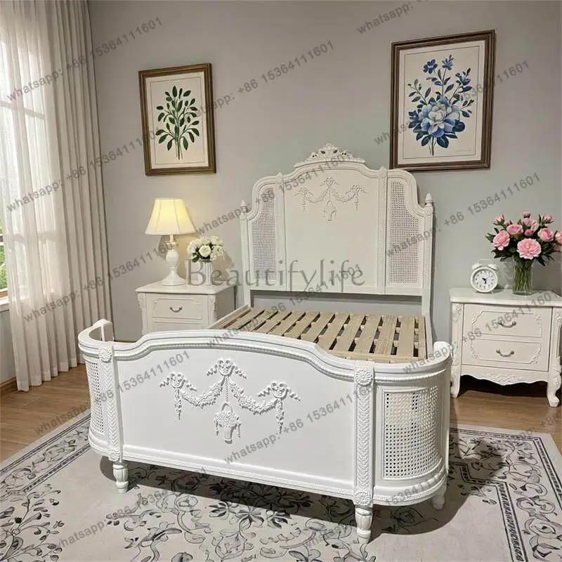 French solid wood bed rattan cream white luxury court princess bed European carved master bedroom 1.8 meters double bed