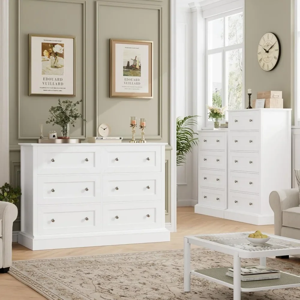 Modern 6 Drawer White Dresser, Wide Chest of Drawers with Deep  & Mental Double Handles, Nursery  for Living Room