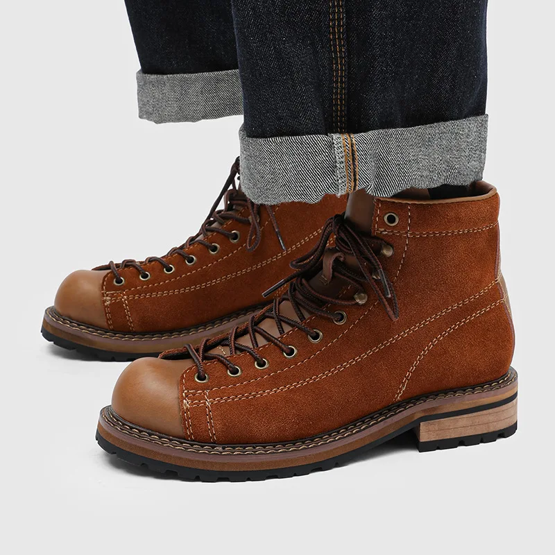 British style mens casual cow suede leather boots lace-up platform shoes cowboy tooling work boot outdoors designer ankle botas