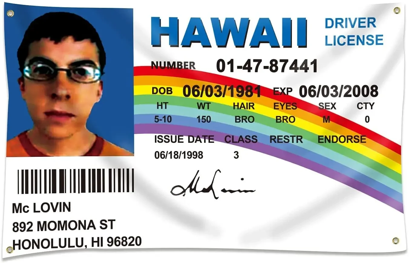 McLovin ID Flag Fake Driver License Flag 3x5 Banner Funny Poster Durable Decorations Wall Flag with 4G for College Dorm Dec.