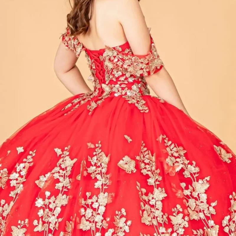 Eenvoudige rode Quinceanera-jurk off-shoulder met gouden pailletten, bloemenapplicatie en lange sleep, vestidos de 15 Quinceanera ﻿ Aanpassen
