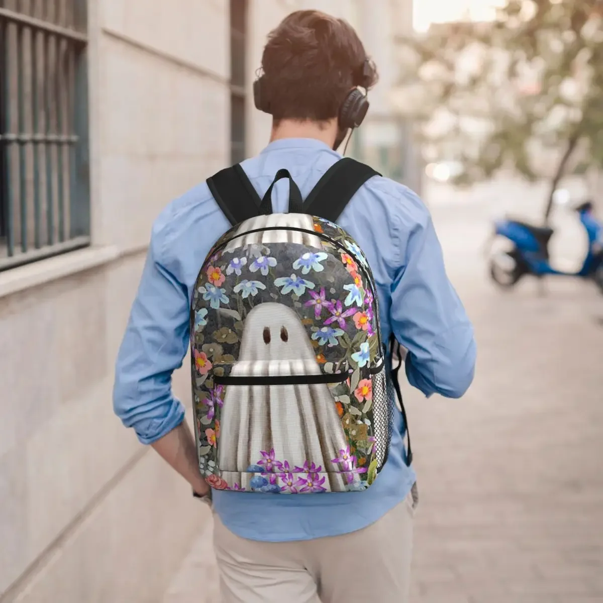 Cute Ghost Surrounded By Wild Flowers Student Backpack School Bag Hiking Travel Daypack for Men Women Bookbag Shoulder Bags