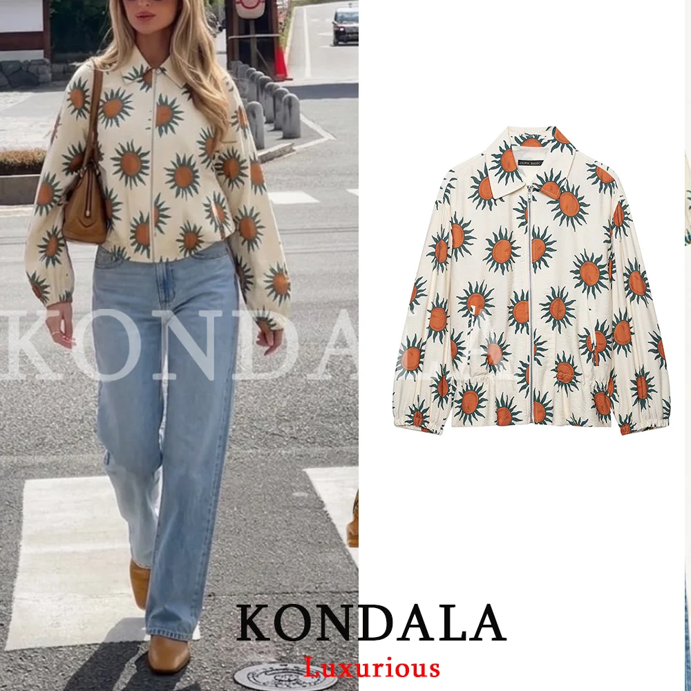KONDALA Holiday Casual Chic Women Bomber Jacket Floral Print Zipper Loose Jacket New Fashion 2026 Autumn Boho Holiday Jackets