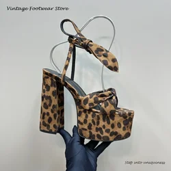 Vintage Leopard Print Platform Sandals Sexy Round Open Toe Square Heel Women's Shoes Spring Summer Lace-up Suede Modern Sandals
