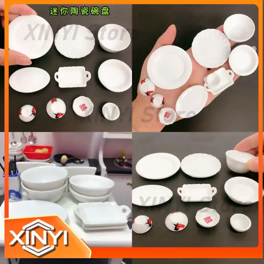 Mini Ceramic Soup Basin Plate Deep Bowl Vegetable Plate for Miniature Food Play Scene Model Doll House Accessories Decoration