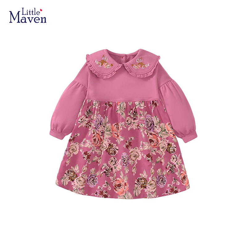 Little maven 2024  Autumn Baby Girls Kids Clothes Clothes Children\'s Clothing Cartoon Embroidery  Flowers Princess Dress Spring