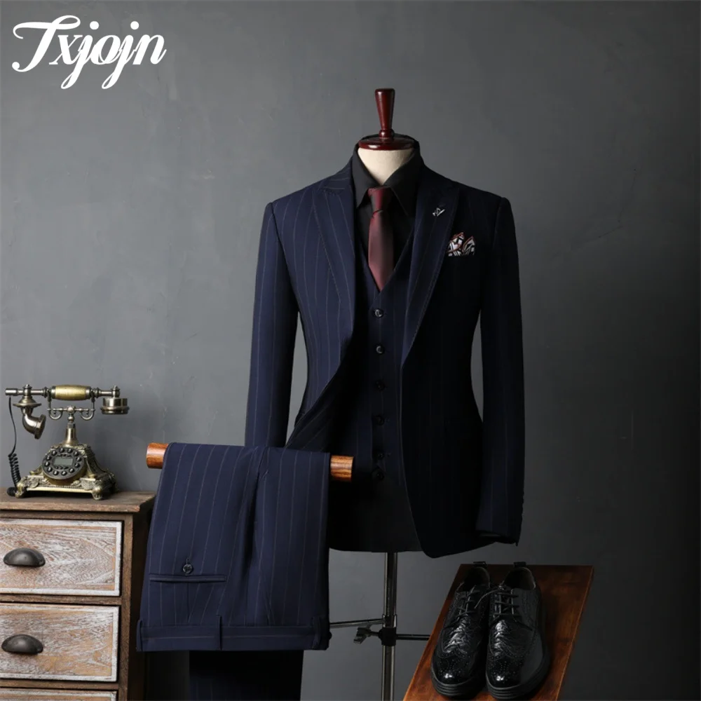 Unique Striped Suit Set 3PCS 2025 For Business Versatile Peak Lapel Men Suit Classic Single Breasted Slim Suit For Groom Suit Cu