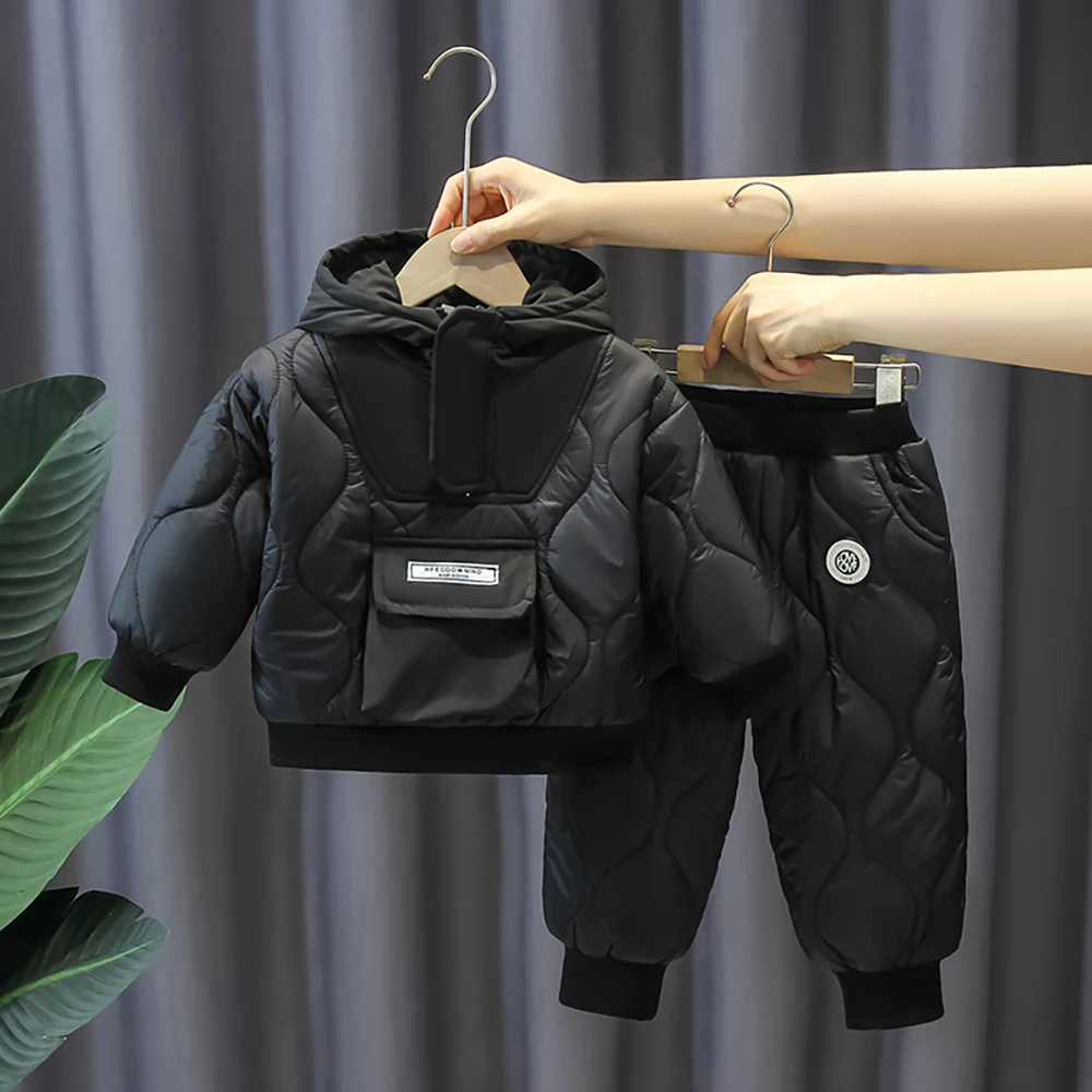 

Children Cotton Clothes Sets Winter Thick Warm Cotton Padded Hooded Pullover Tops+Pants 2Pcs for Kids Boys Leisure Outfit Suit