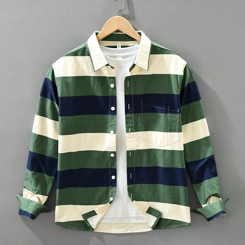 2026 Spring Autumn New Trend Striped 100% Cotton Loose Comfort Shirts for Men Sense of Layering Streetwear Men Tops