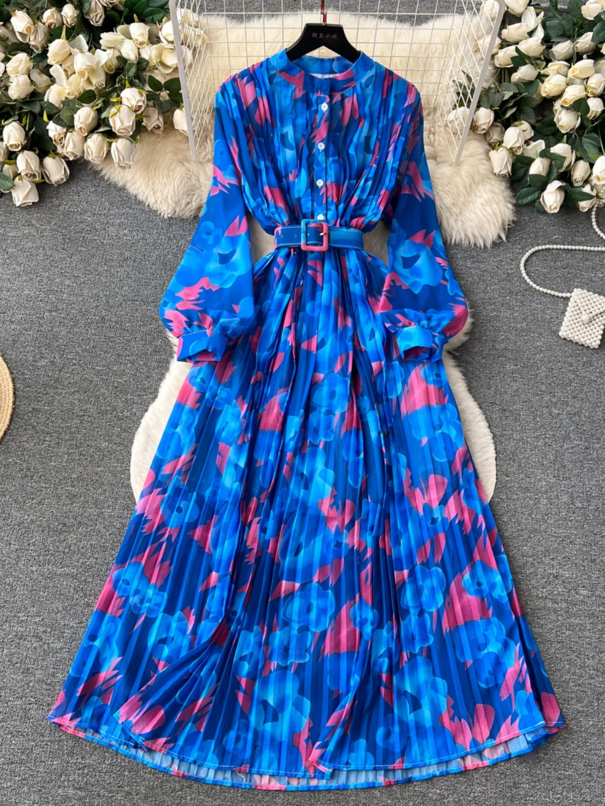 Draping Effect Dress Women Autumn Clothing French Style Puff Sleeve Slim-Fit Long Heavy Industry Pleated Chiffon Floral Dress